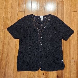 Liz Baker Black Open-Weave Button Front Cardigan Size 1X